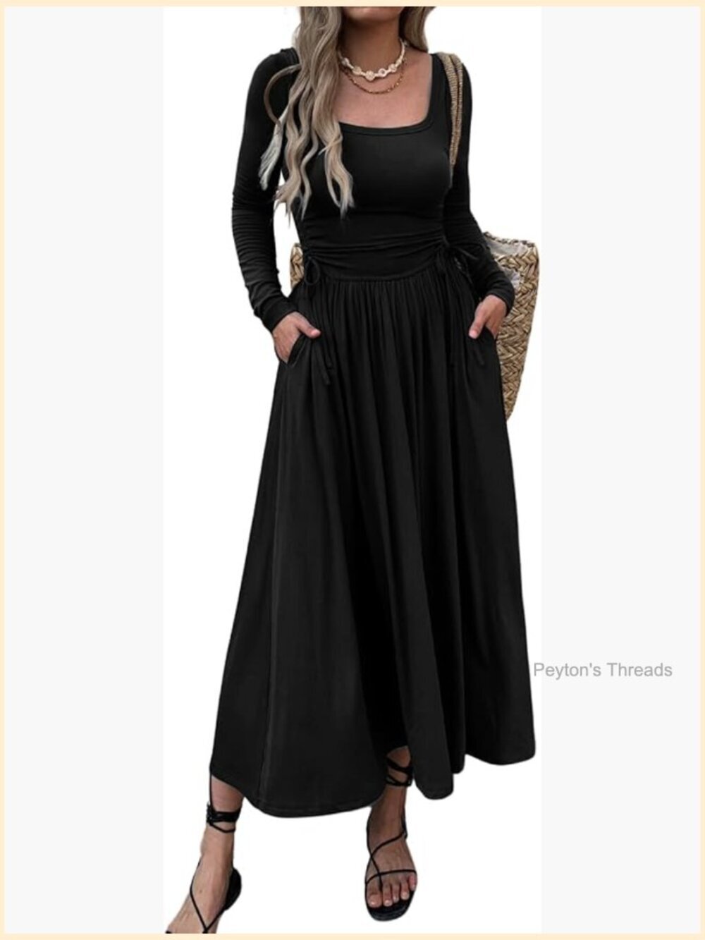 Long Sleeve Square Neck Maxi Dress with Pockets Flowy A-Line Pleated Adjustable
